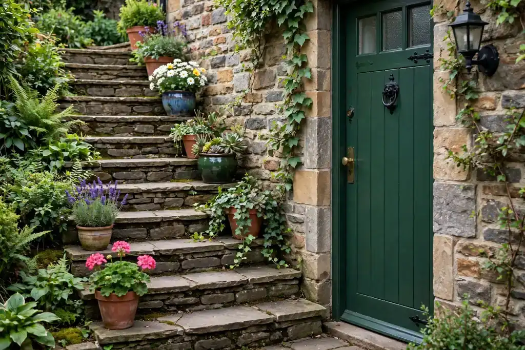 Flower pots placed up garden steps beside a front door.