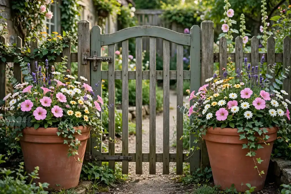 Pair of matching pots framing a garden gate with the same flower mix.