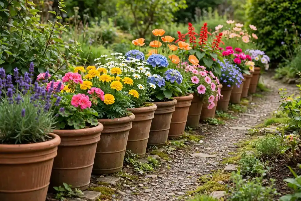 Row of the same style pots along a garden path with varied flowers.