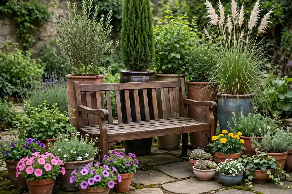 Flower pots grouped around a garden bench with tall pots behind and low pots in front.