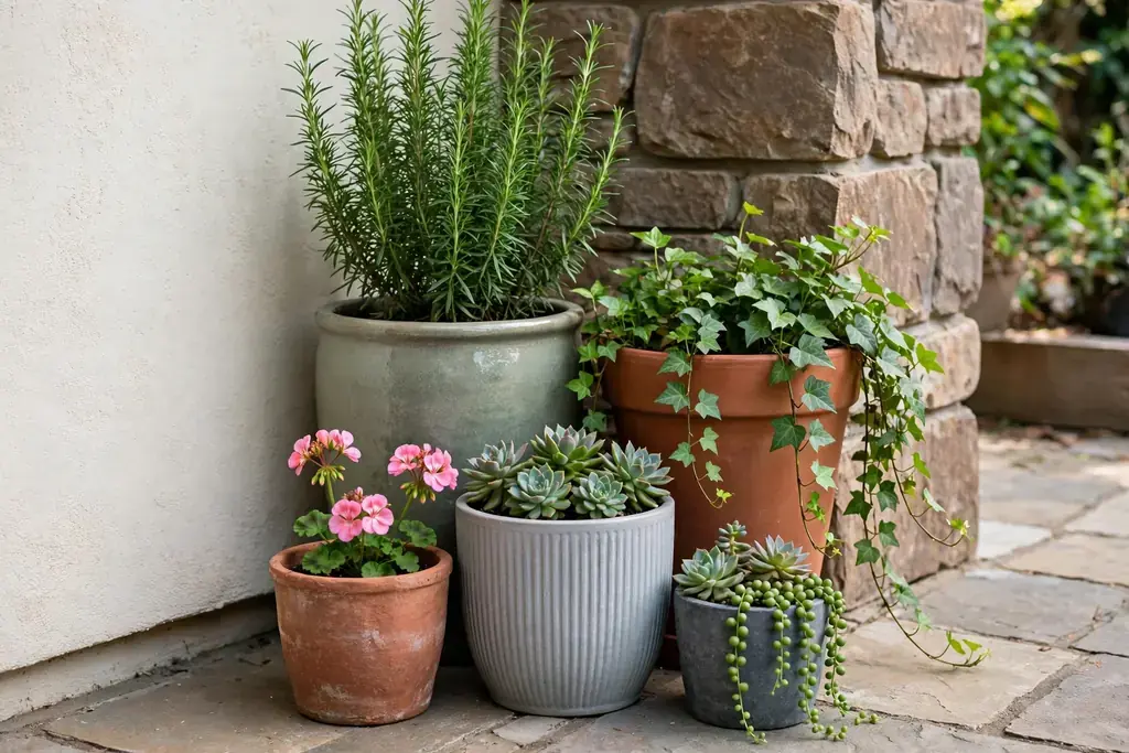 Cluster of five flower pots in different heights on a patio corner.