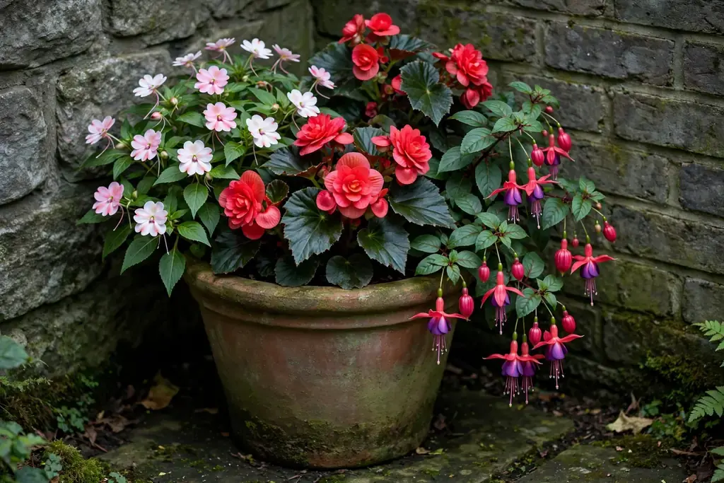 Shade pot with impatiens, begonias, and fuchsias in a north facing corner.