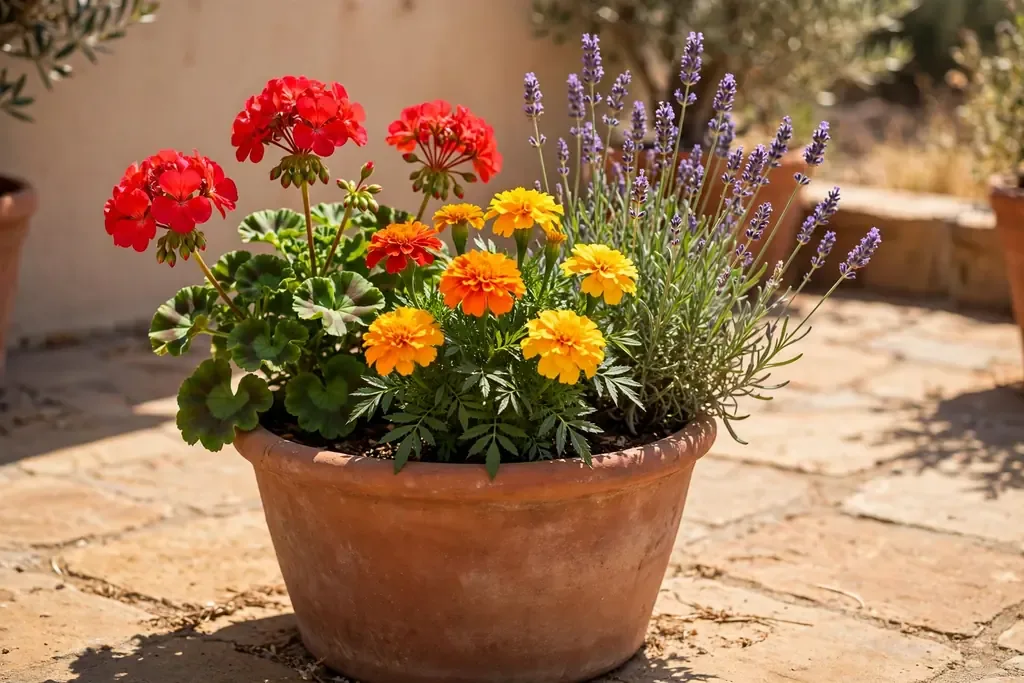 Full sun pot with geraniums, marigolds, and lavender on a hot patio.