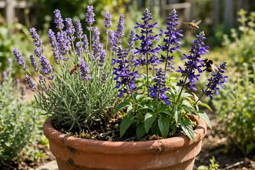 Pollinator pot with lavender and salvia in sun with bees visiting blooms.