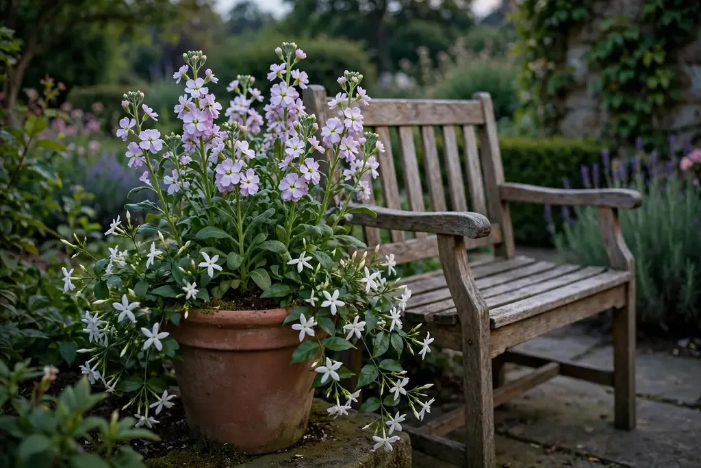 Scented evening pot with night scented stock and jasmine beside a garden seat.