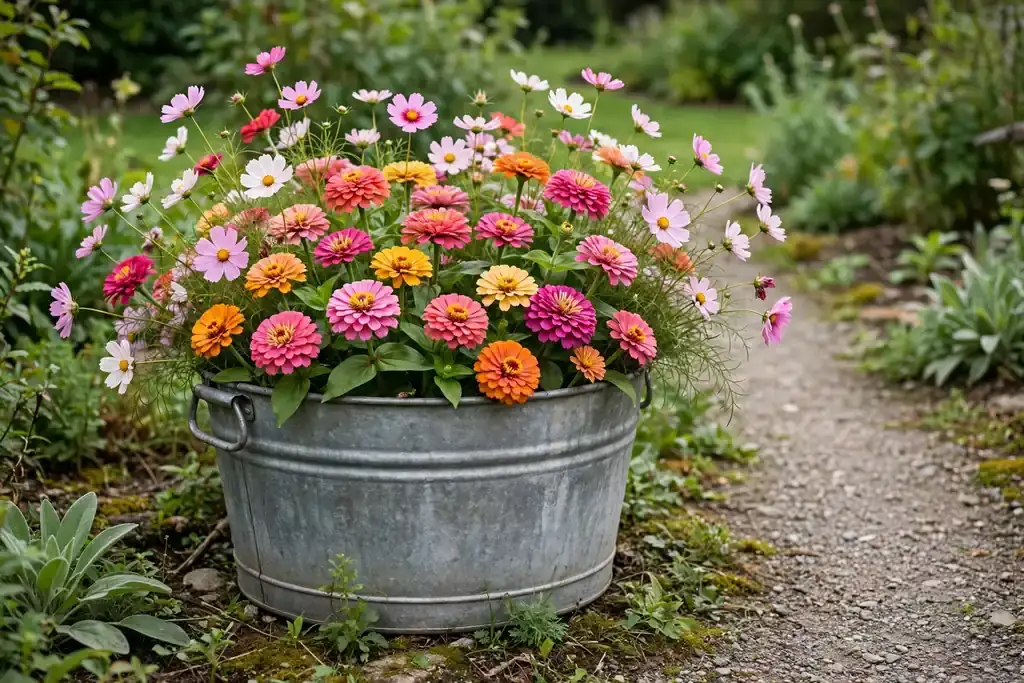 Large cutting flower pot with zinnias and cosmos near a garden path.