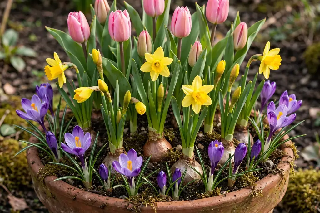 Pot with layered spring bulbs opening as tulips, daffodils, and crocus.