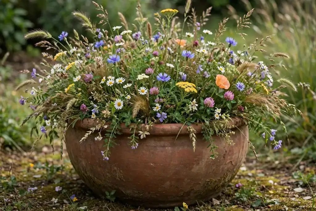Large pot with wildflowers and grasses in a loose mini meadow mix.
