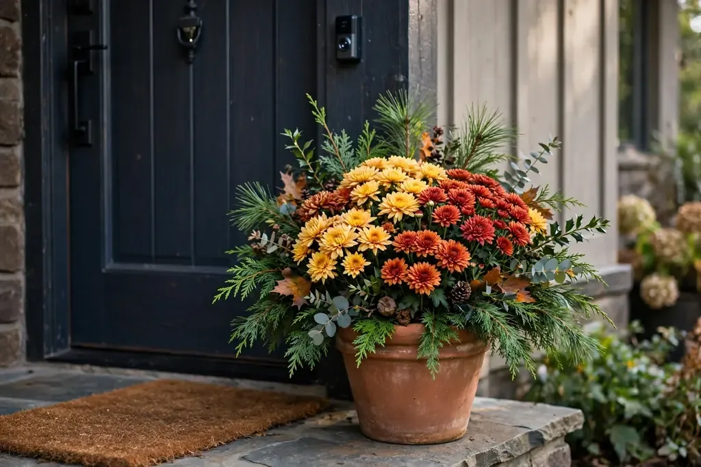 Seasonal swap pot by a front door with autumn chrysanthemums and evergreen foliage.