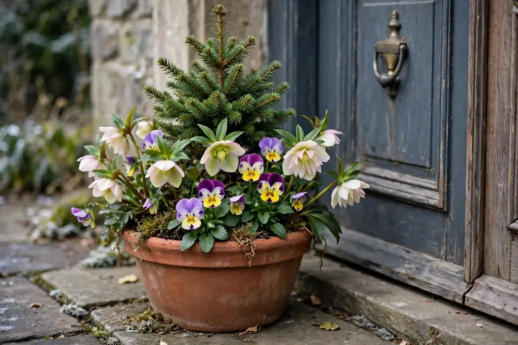 Winter pot with a small evergreen, hellebores, and winter pansies by a door.