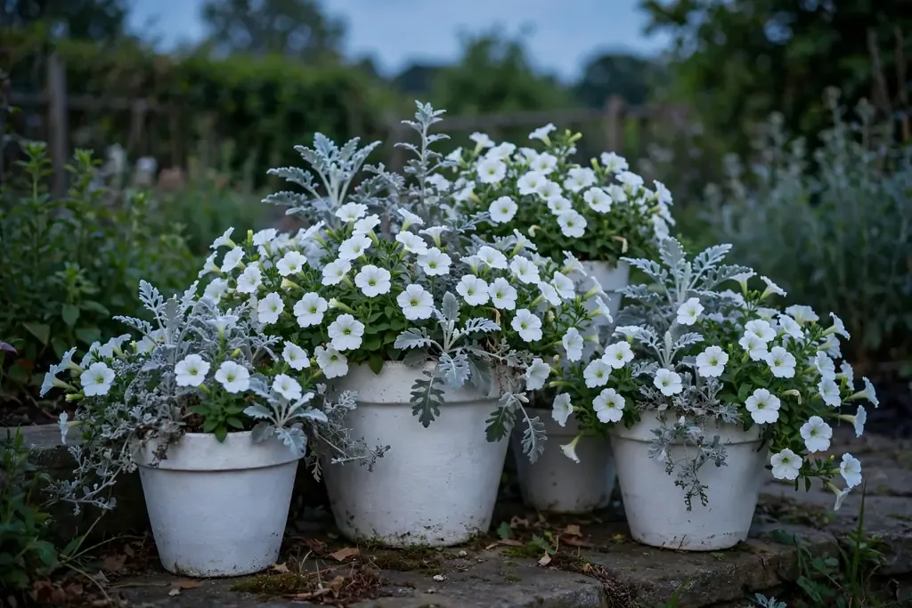 Group of white flower pots with white petunias and silver foliage at dusk.
