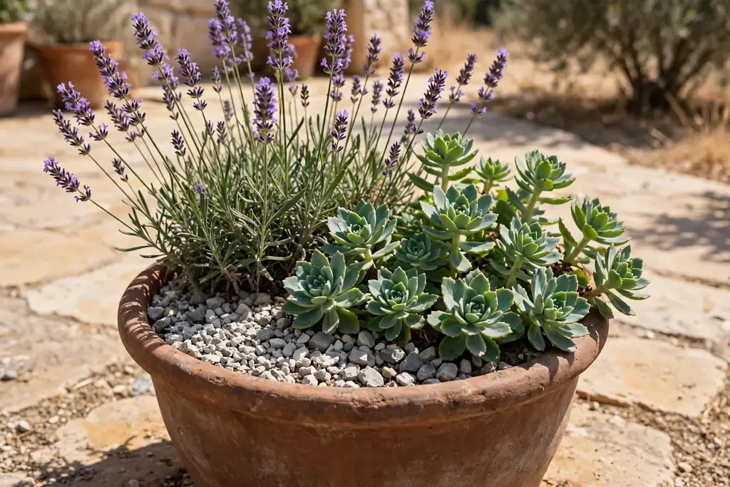 Gravel topped pot with lavender and sedum on a dry sunny patio.