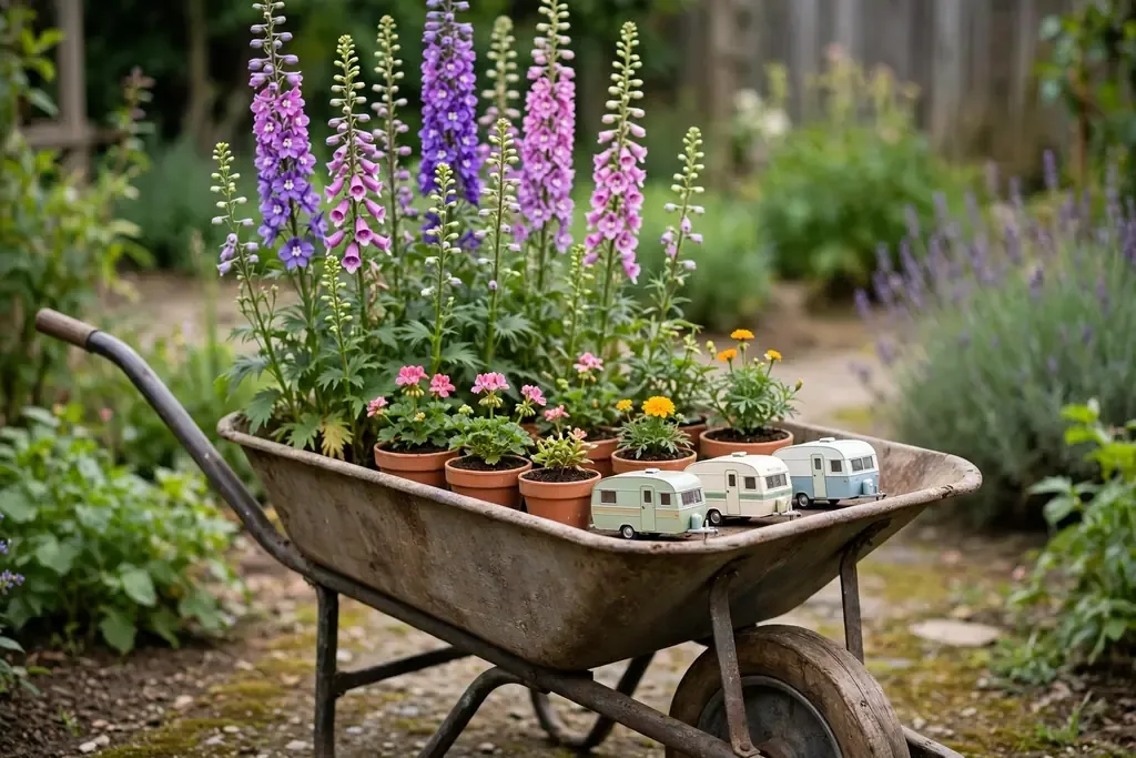 Wheelbarrow holding small flower pots with tall flowers at the back and trailers at the front.