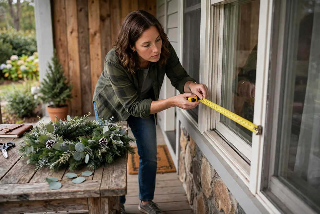 Measuring an exterior window with a tape measure beside a green wreath.