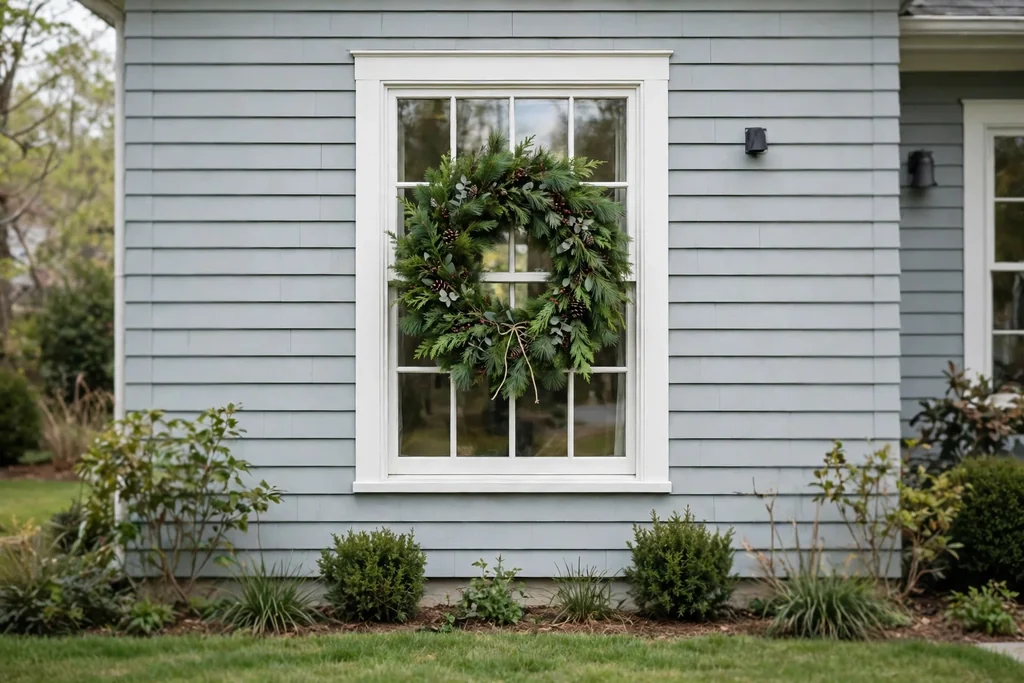 Green wreath centered on an exterior window seen from the front yard.