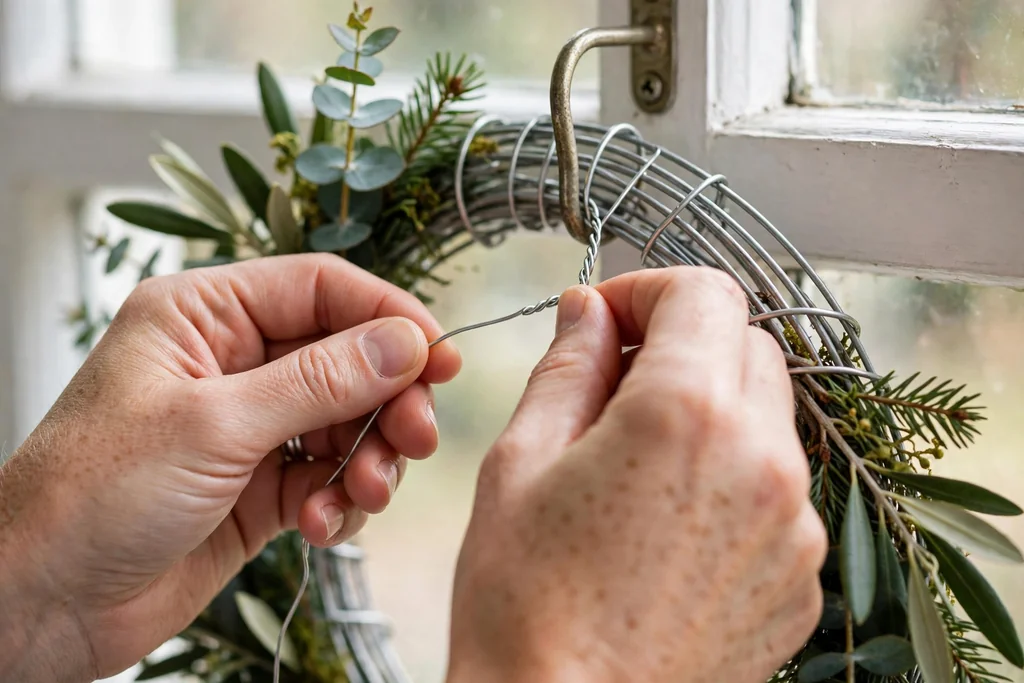 Hands tying floral wire around a wreath frame and hook for wind security.