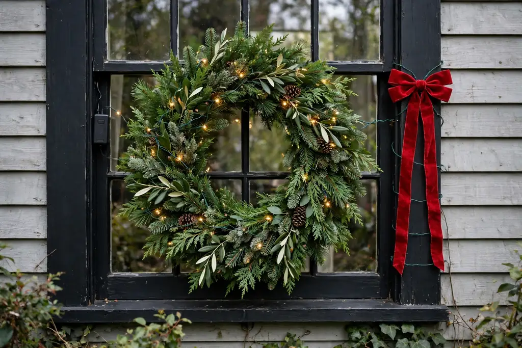 Wreath on an exterior window with battery lights and a red bow.