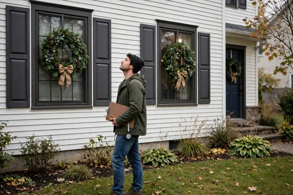 Person in a front yard checking wreath height and alignment on windows.