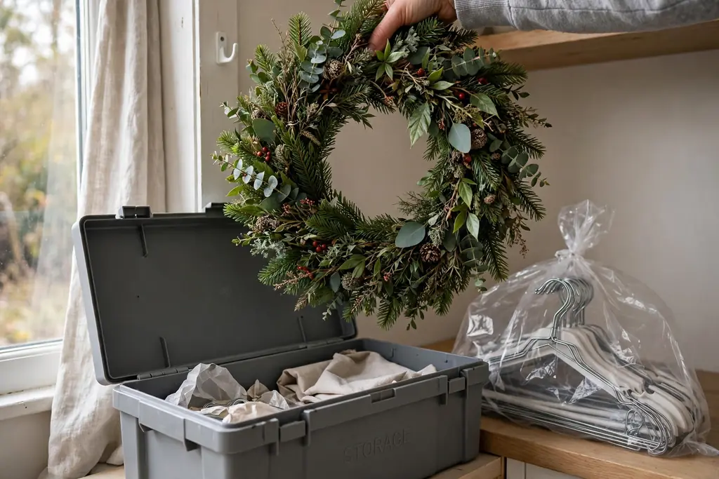 Wreath being placed into a storage box with hangers in a bag.