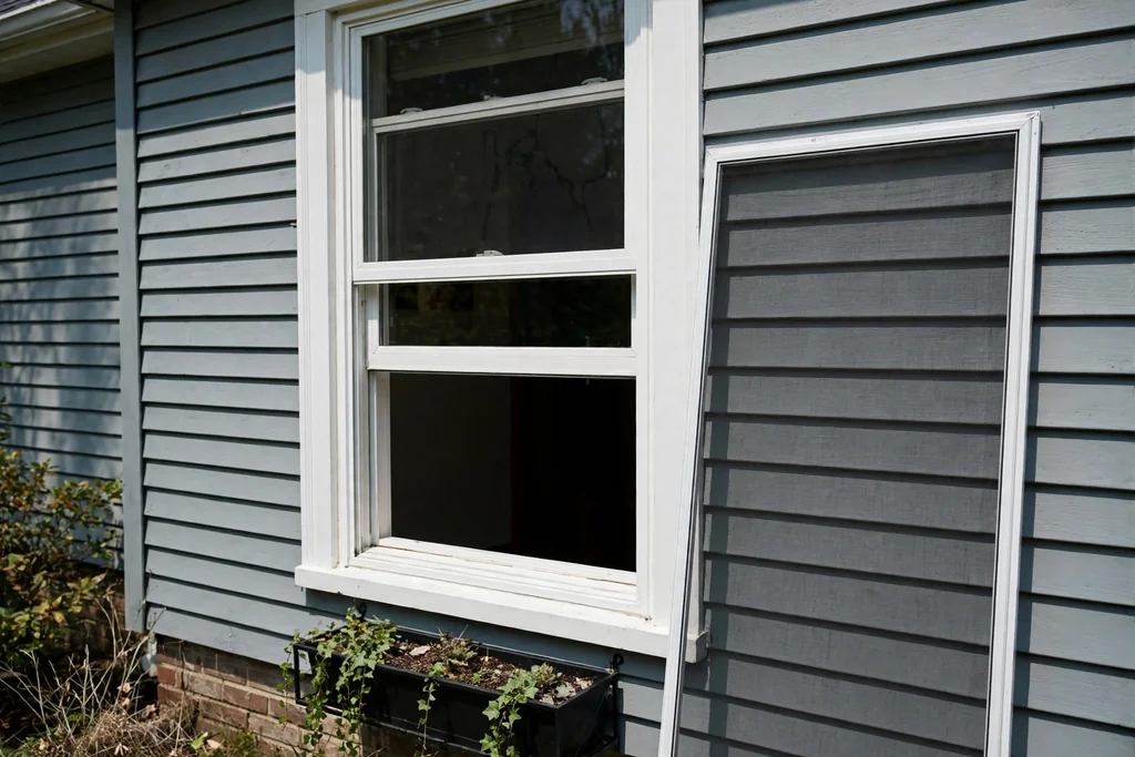 Double hung exterior window with lower sash raised and screen beside it.
