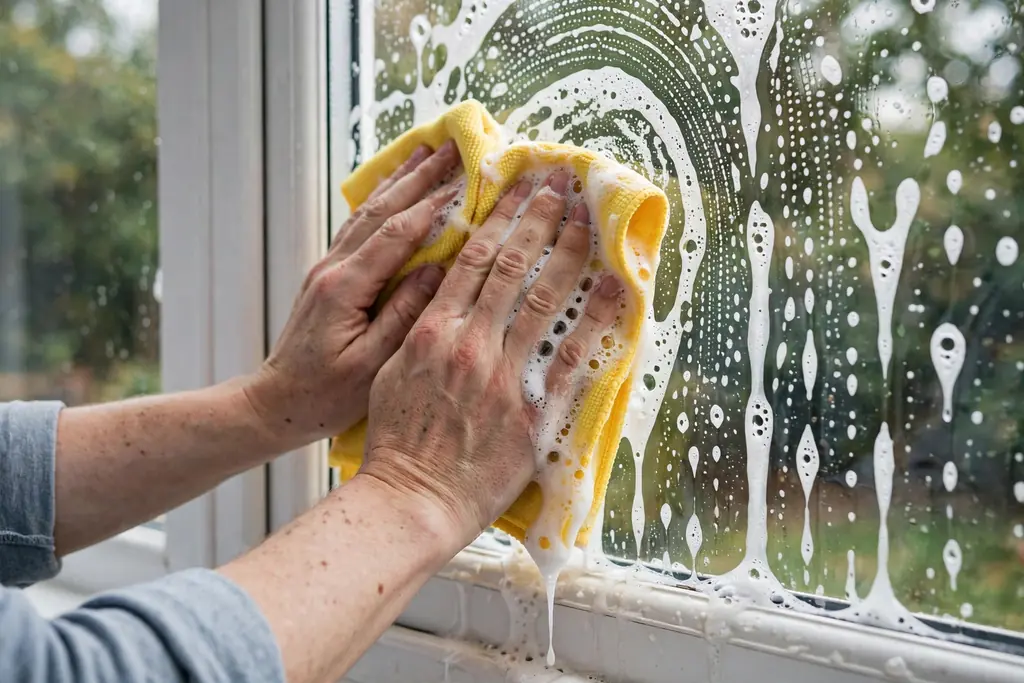 Hands cleaning exterior window glass and frame with a cloth.