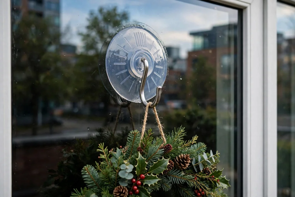 Suction cup hook on exterior window glass holding a green wreath.