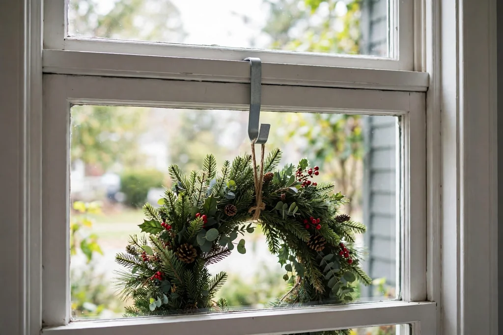 Over the top window hook on a double hung sash holding a wreath outside.