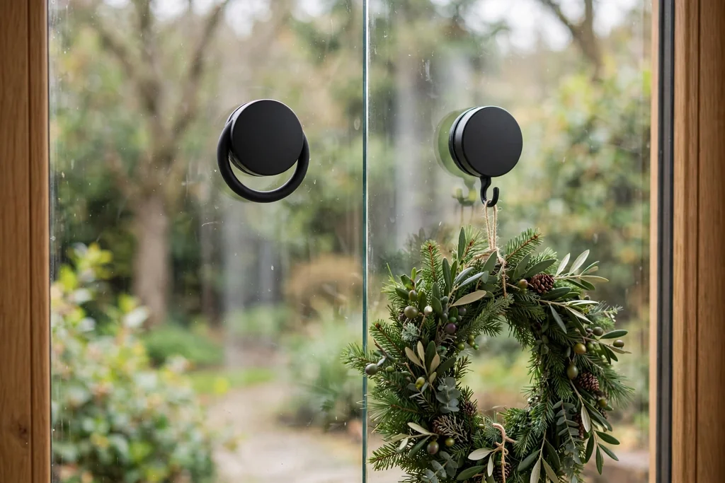 Magnetic window hanger pair across glass holding a wreath outside.