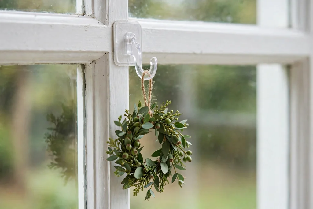 Removable adhesive hook on a white window frame holding a wreath.