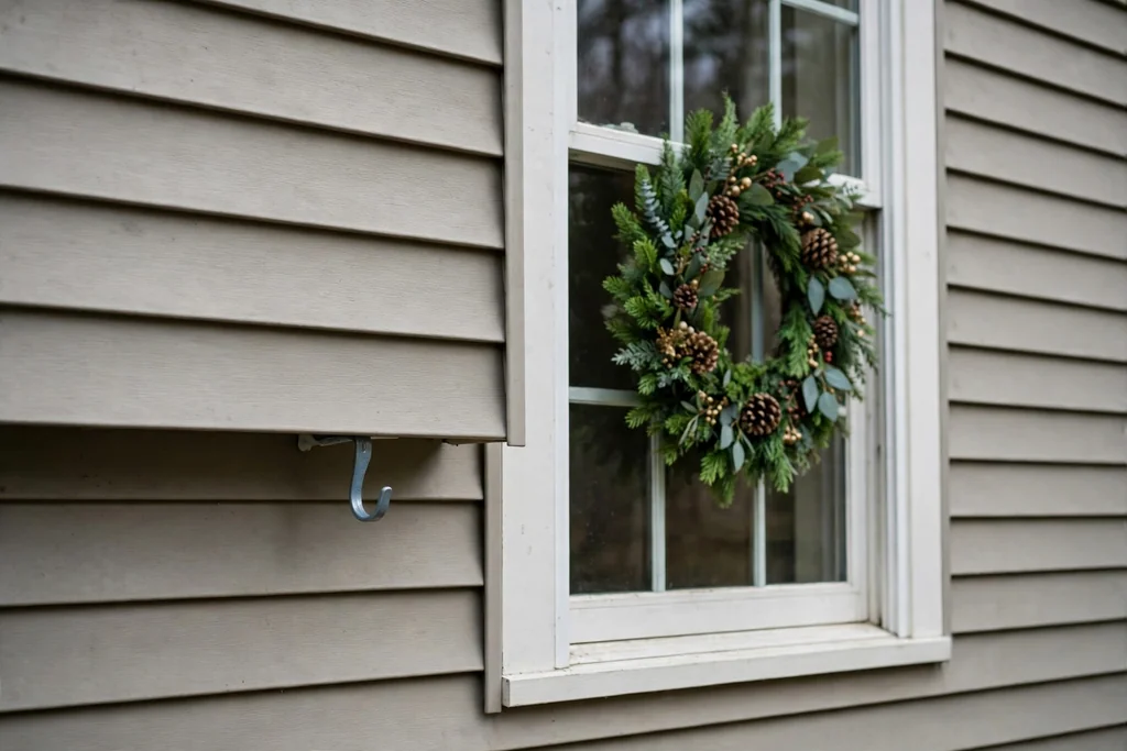 Siding hook beside an exterior window holding a wreath centered on the glass.