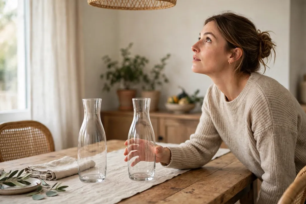 Person setting an empty glass vase on a dining table to check its size and spot.