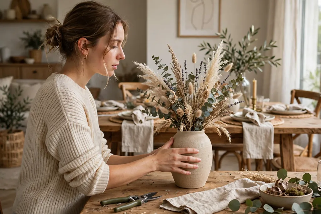 Person turning a vase arrangement on a table to check its shape and balance.