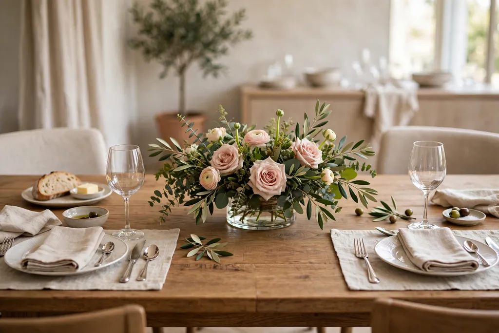 Low flower arrangement in a glass vase on a dining table with clear sightlines across it.