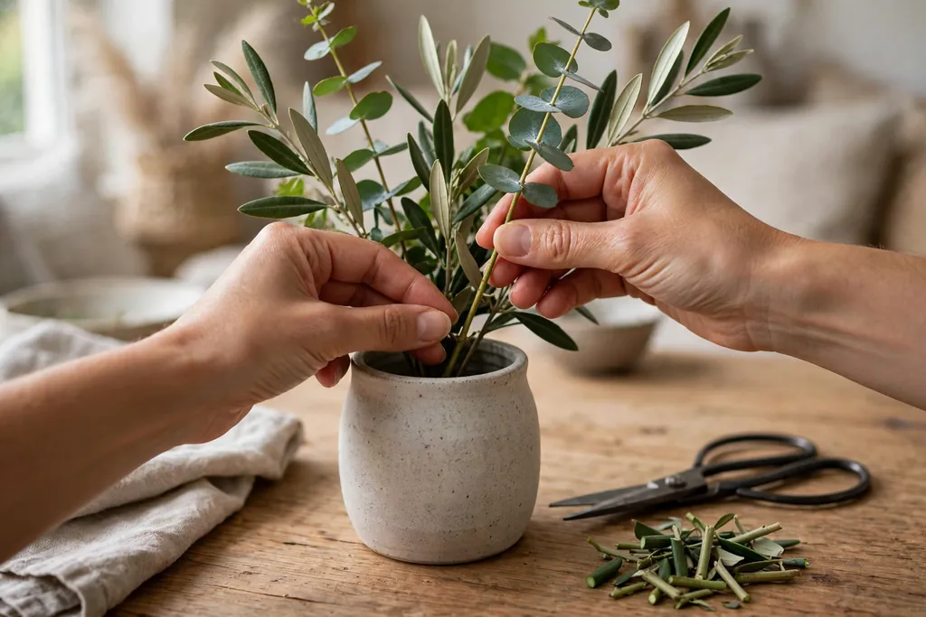 Hands adjusting a single stem length in a vase arrangement beside scissors.