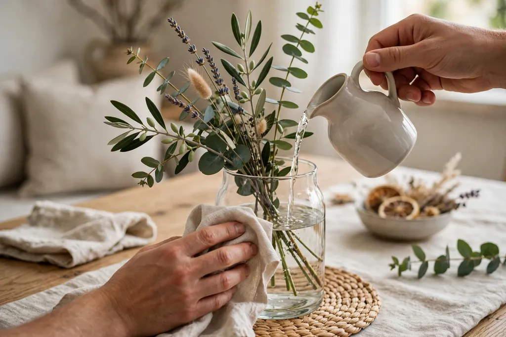 Hands topping up water in a vase arrangement and wiping the outside of the vase.