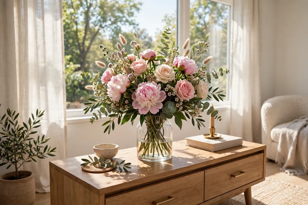Finished flower arrangement in a glass vase on a console table in a bright living room.