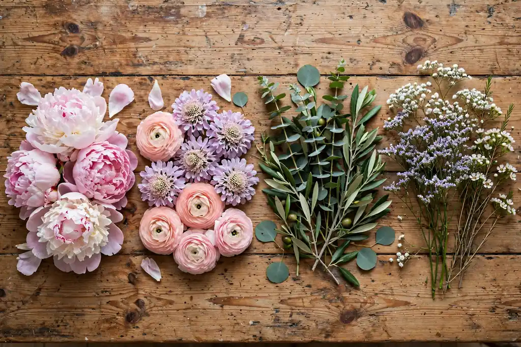 Mixed flower bunch sorted into groups of large blooms, medium flowers, greenery, and filler stems on a table.