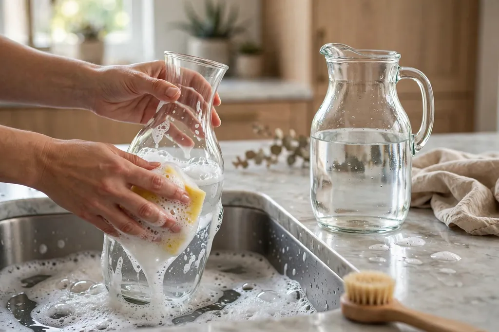Hands washing a clear glass vase in warm soapy water at a kitchen sink.
