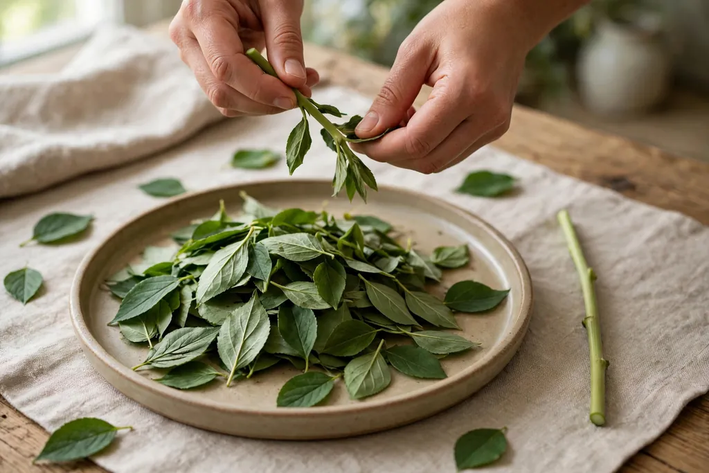 Hands stripping leaves from a flower stem over a tray before arranging.