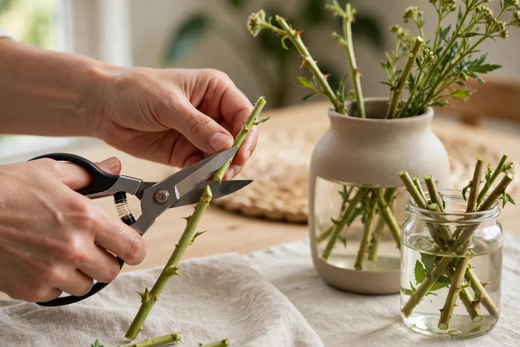 Hands trimming a flower stem at an angle with scissors beside a vase.