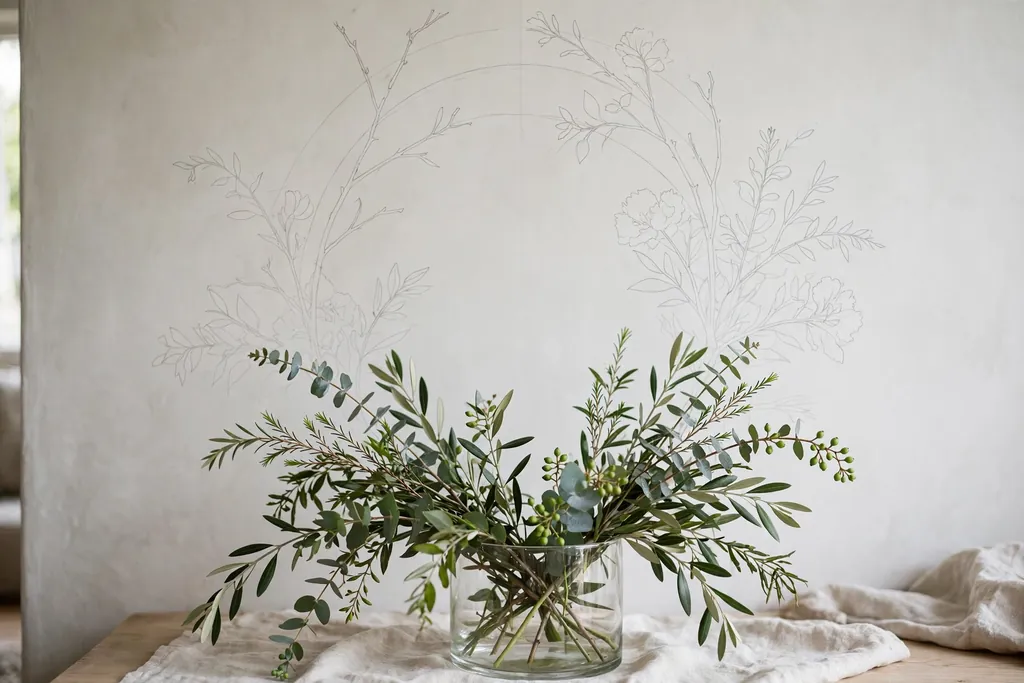Greenery stems forming a loose base in a glass vase before flowers are added.