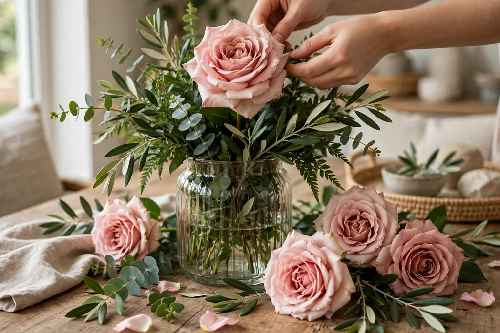 Hands placing large focal roses into a vase filled with a greenery base.