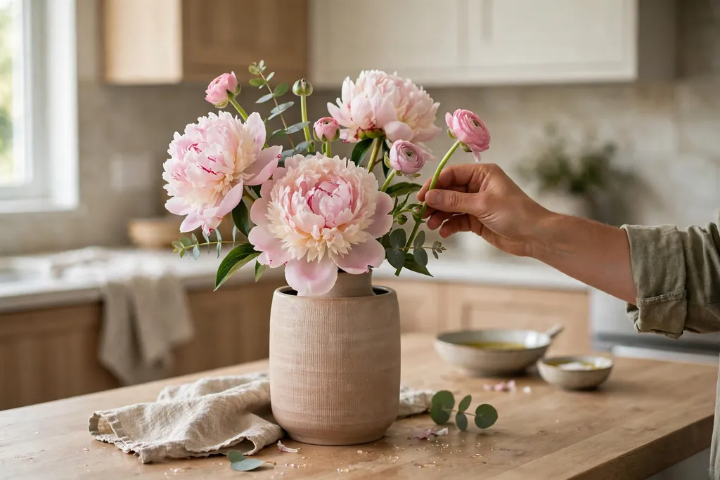 Medium flowers being added between focal blooms in a vase arrangement.