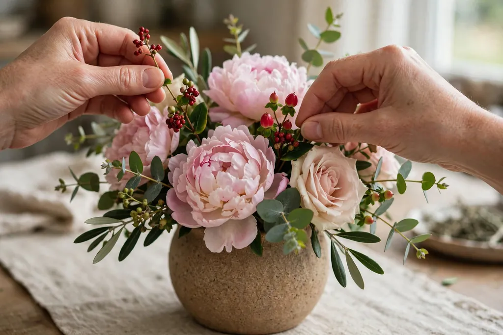 Hands tucking small berry filler stems into gaps in a vase arrangement.