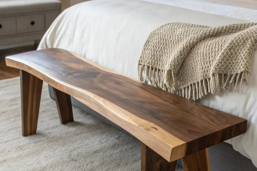 Wood bench with a folded throw at the foot of a bed