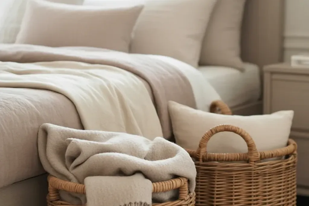 Woven basket with a throw and book beside a bed