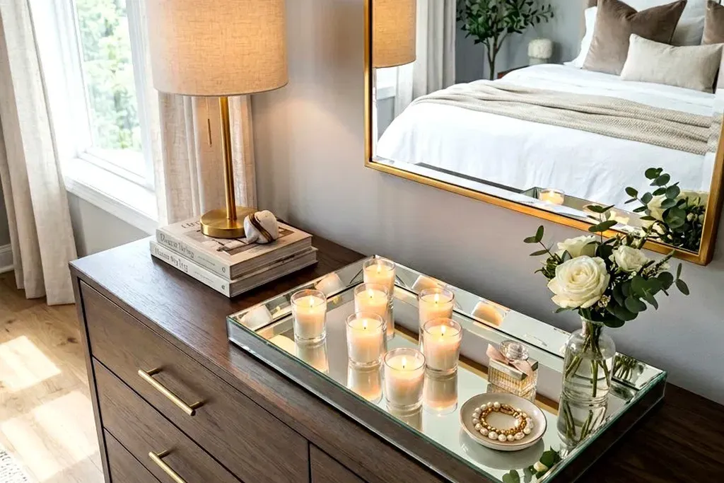 Candles on a tray on a dresser in a dim bedroom