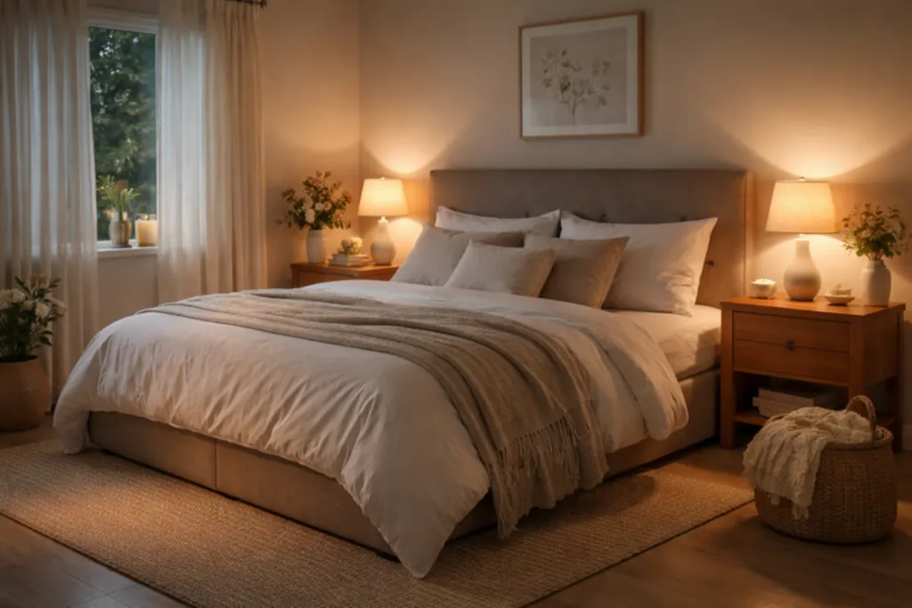 Tidy bedroom with a made bed and low lamps after an evening reset