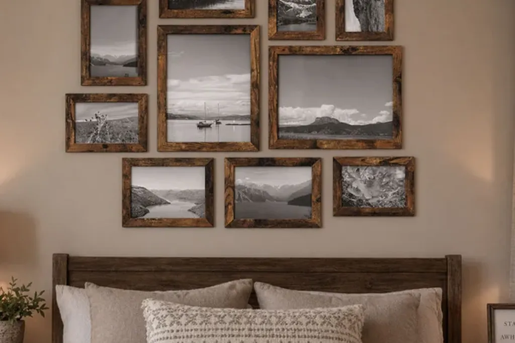 Group of photos in light wood frames on a bedroom wall