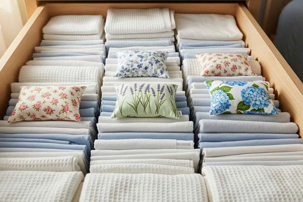 Scented sachet tucked in a drawer of folded bedding
